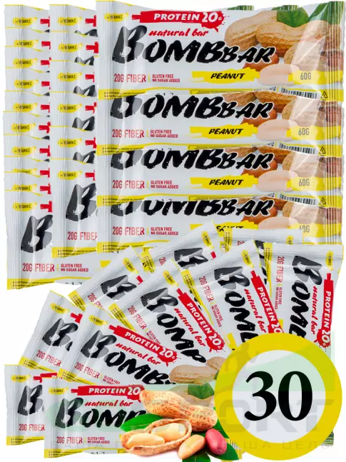 Протеиновый батончик BombBar Protein Bar 30 x 60 г, Арахис Протеиновый батончик BombBar Protein Bar 30 x 60 г, Арахис