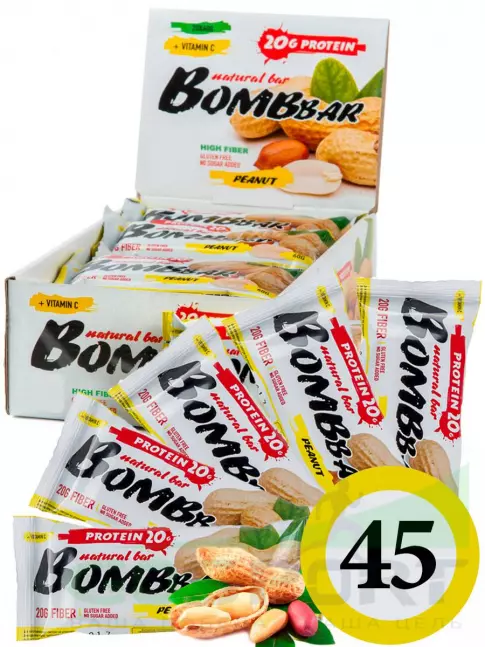 Протеиновый батончик BombBar Protein Bar 45 x 60 г, Арахис Протеиновый батончик BombBar Protein Bar 45 x 60 г, Арахис