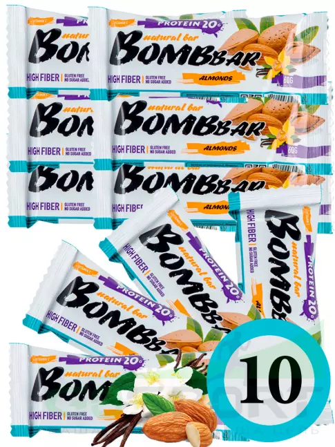 Протеиновый батончик BombBar Protein Bar 10 x 60 г, Миндаль-ваниль Протеиновый батончик BombBar Protein Bar 10 x 60 г, Миндаль-ваниль