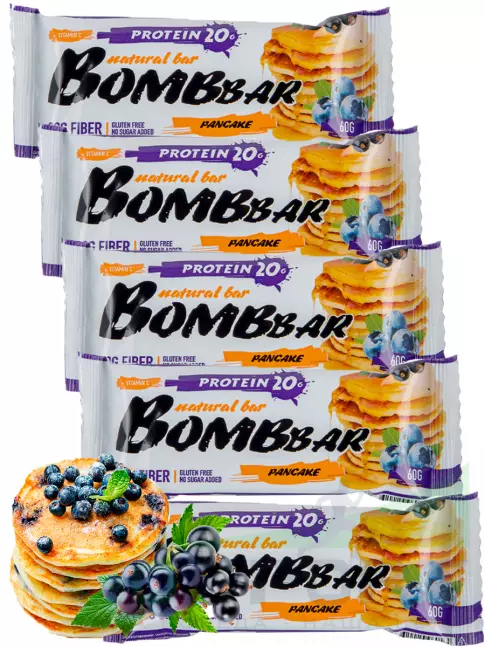 Протеиновый батончик BombBar Protein Bar 5 x 60 г, Смородиново-черничный панкейк