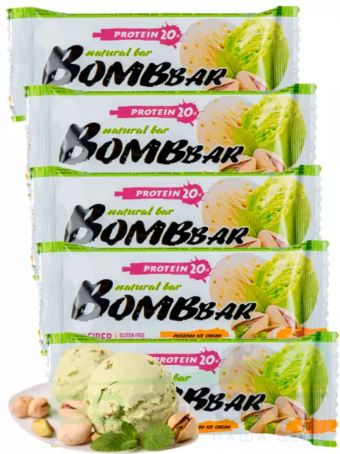 Протеиновый батончик BombBar Protein Bar 5 x 60 г, Фисташковый-Пломбир Протеиновый батончик BombBar Protein Bar 5 x 60 г, Фисташковый-Пломбир