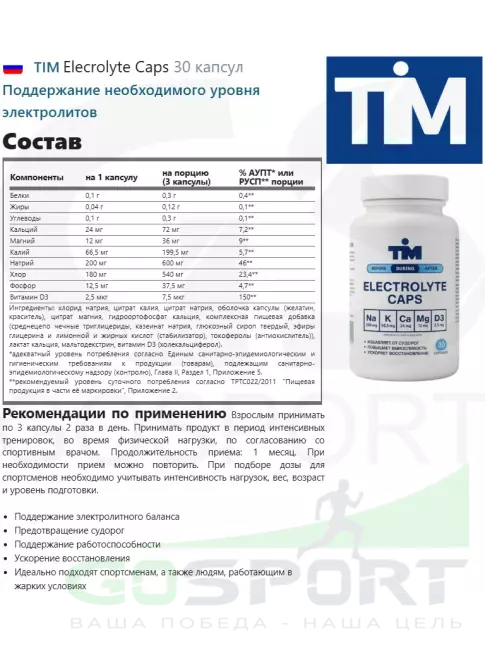 Солевые таблетки TIM Elecrolyte Caps 30 капсул
