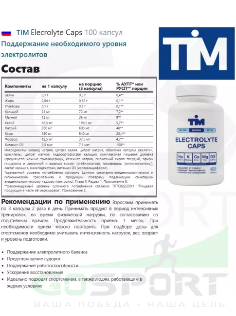 Солевые таблетки TIM Elecrolyte Caps 100 капсул