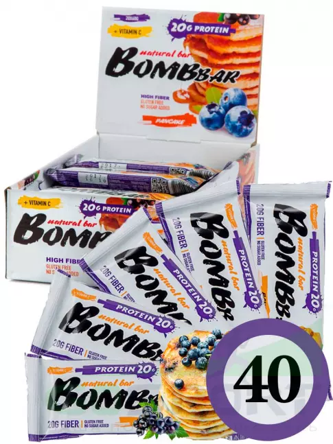 Протеиновый батончик BombBar Protein Bar 40 x 60 г, Смородиново-черничный панкейк Протеиновый батончик BombBar Protein Bar 40 x 60 г, Смородиново-черничный панкейк