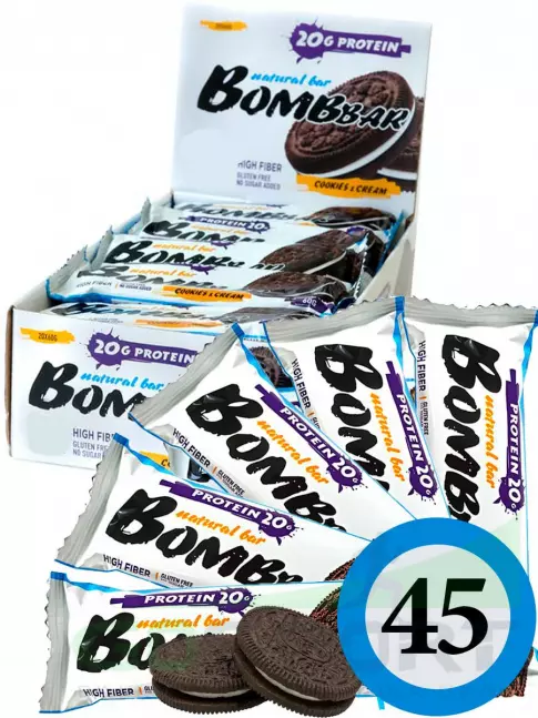 Протеиновый батончик BombBar Protein Bar 45 x 60 г, Печенье с кремом Протеиновый батончик BombBar Protein Bar 45 x 60 г, Печенье с кремом