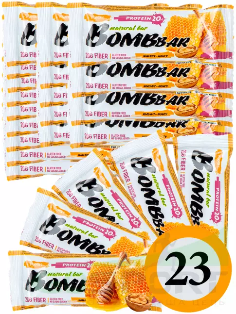 Протеиновый батончик BombBar Protein Bar 23 x 60 г, Грецкий орех с медом