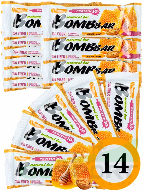 Протеиновый батончик BombBar Protein Bar 14 x 60 г, Грецкий орех с медом
