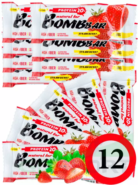Протеиновый батончик BombBar Protein Bar 12 x 60 г, Клубника