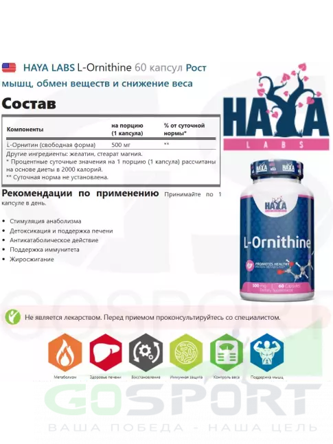 Haya Labs L-Ornithine 60 капсул