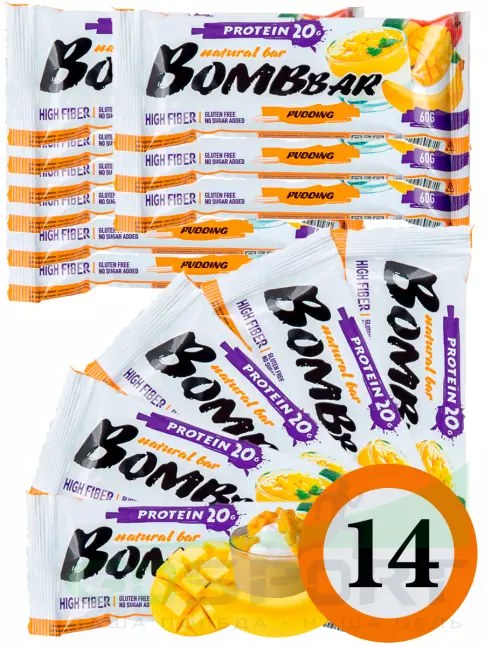 Протеиновый батончик BombBar Protein Bar 14 x 60 г, Пудинг с ароматом манго и банана