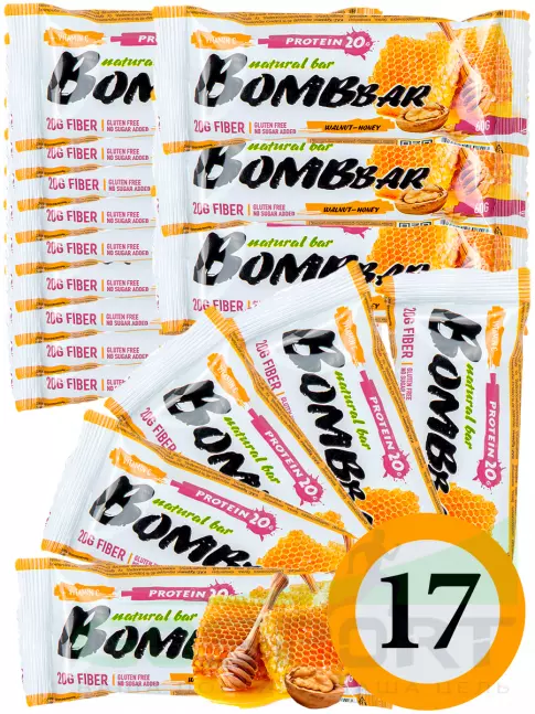 Протеиновый батончик BombBar Protein Bar 17 x 60 г, Грецкий орех с медом Протеиновый батончик BombBar Protein Bar 17 x 60 г, Грецкий орех с медом