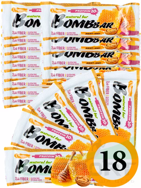 Протеиновый батончик BombBar Protein Bar 18 x 60 г, Грецкий орех с медом Протеиновый батончик BombBar Protein Bar 18 x 60 г, Грецкий орех с медом