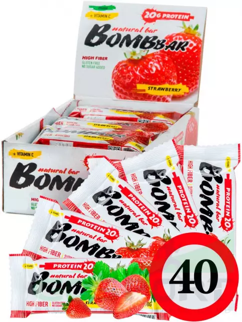 Протеиновый батончик BombBar Protein Bar 40 x 60 г, Клубника