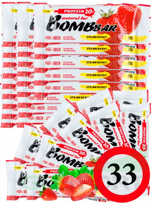 Протеиновый батончик BombBar Protein Bar 33 x 60 г, Клубника