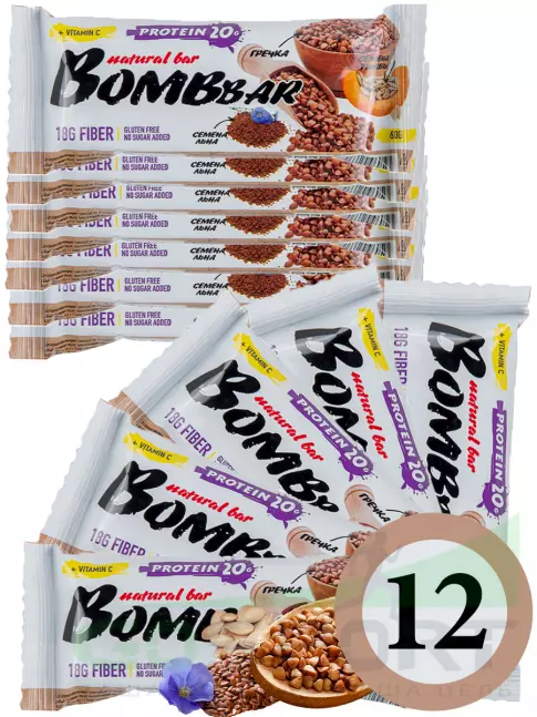 Протеиновый батончик BombBar Protein Bar 12 x 60 г, Гречишный
