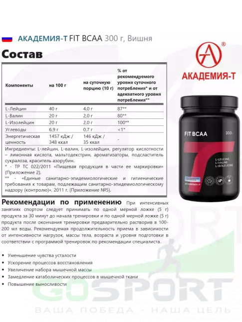 Аминокислоты Академия-Т FIT BCAA 300 г, Вишня