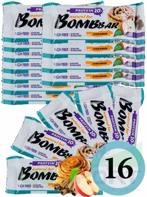 Протеиновый батончик BombBar Protein Bar 16 x 60 г, Яблоко - Корица Протеиновый батончик BombBar Protein Bar 16 x 60 г, Яблоко - Корица