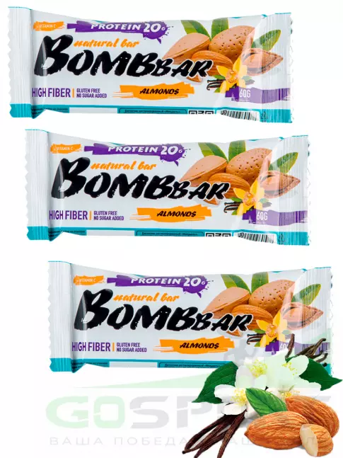 Протеиновый батончик BombBar Protein Bar 3 x 60 г, Миндаль-ваниль