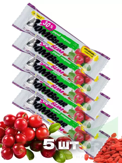 Протеиновый батончик BombBar Protein Bar Slim + гуарана 5 х 35 г, Клюква-годжи