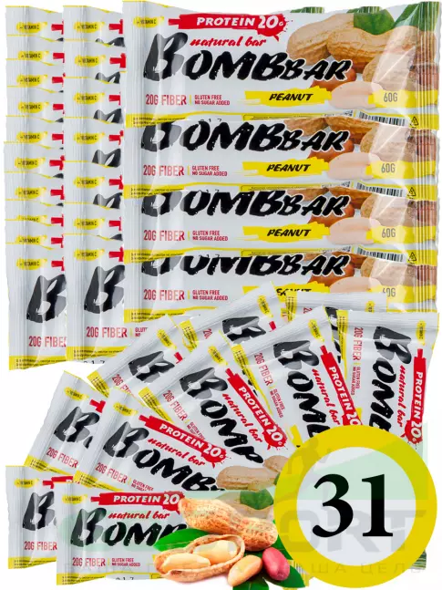 Протеиновый батончик BombBar Protein Bar 31 x 60 г, Арахис