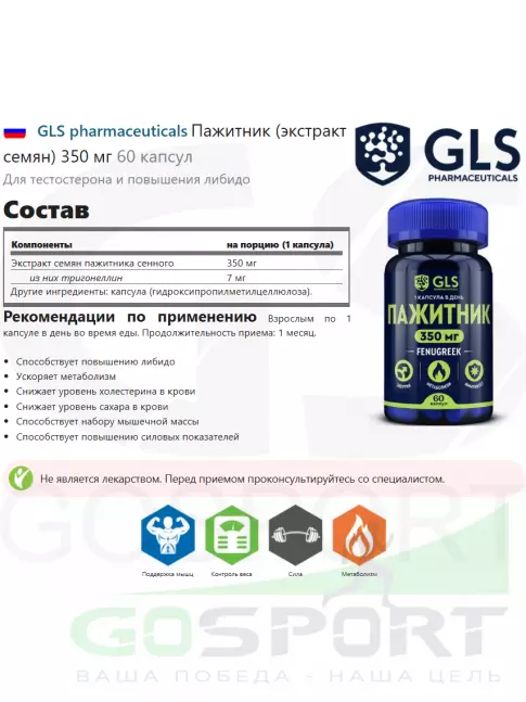  GLS pharmaceuticals Пажитник (экстракт семян) 350 мг 60 капсул