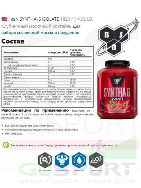 Изолят протеина BSN SYNTHA-6 ISOLATE 1820 г / 4.02 LB, Клубничный молочный коктейль