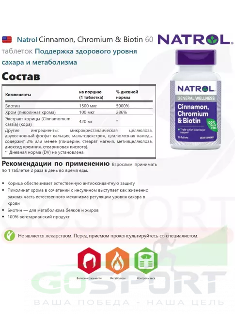  Natrol Cinnamon, Chromium & Biotin 60 таблеток