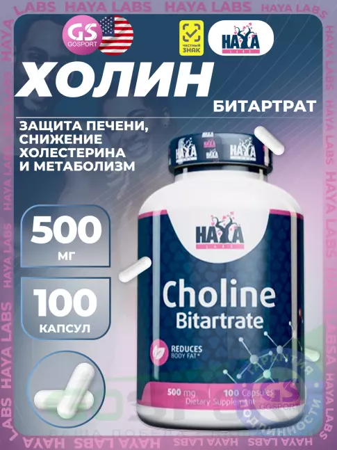 Haya Labs Choline Bitartrate 500 mg 100 капсул Haya Labs Choline Bitartrate 500 mg 100 капсул