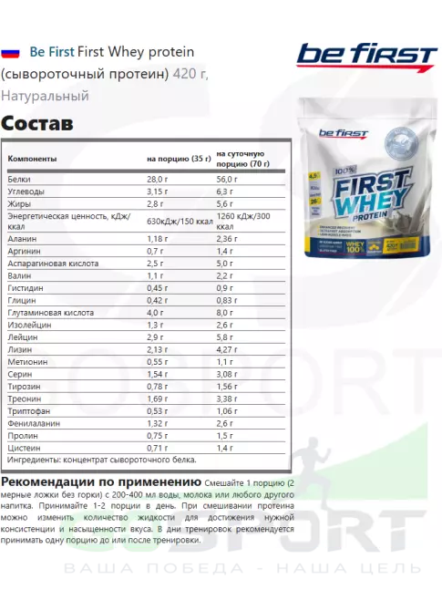 Сывороточный протеин Be First First Whey protein (сывороточный протеин) 420 г, Натуральный