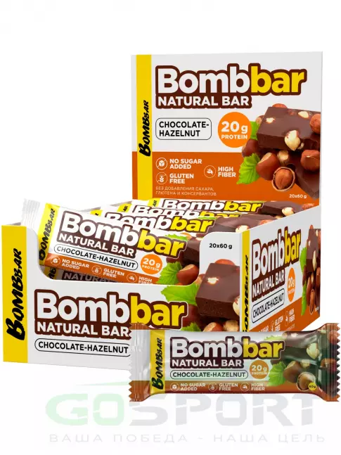 Протеиновый батончик BombBar Protein Bar 20 x 60 г, Шоколад - Фундук