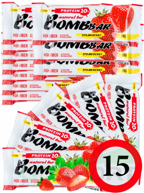 Протеиновый батончик BombBar Protein Bar 15 x 60 г, Клубника Протеиновый батончик BombBar Protein Bar 15 x 60 г, Клубника