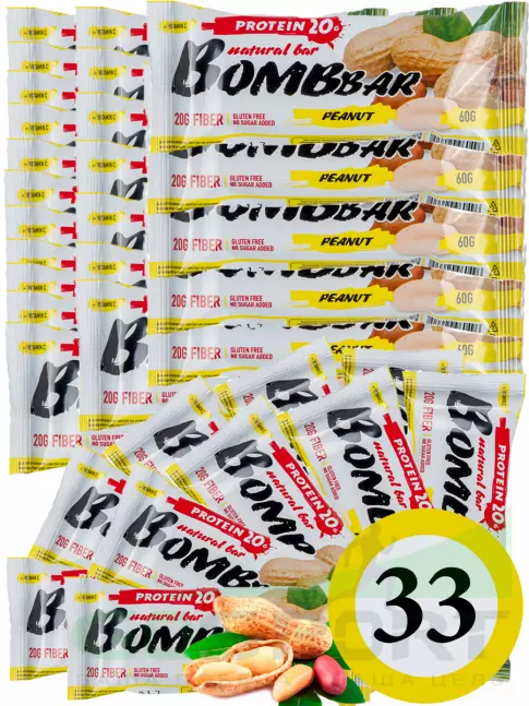 Протеиновый батончик BombBar Protein Bar 33 x 60 г, Арахис