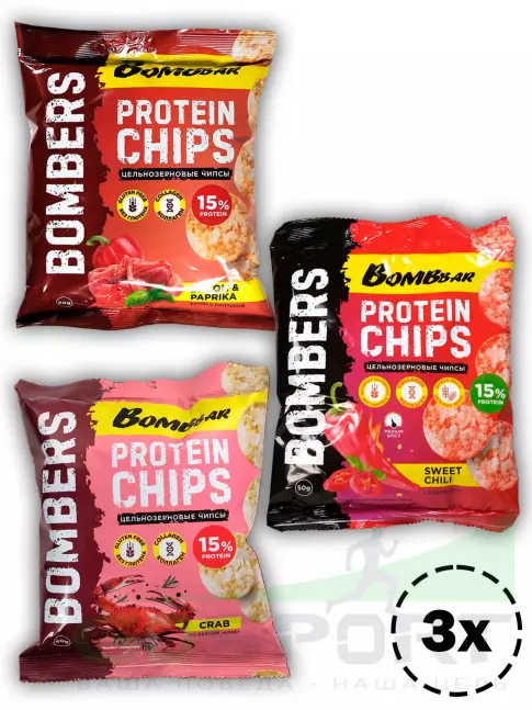 Чипсы BombBar Protein Chips 3 x 50 г, Краб,Бекон с паприкой, Сладкий чили Чипсы BombBar Protein Chips 3 x 50 г, Краб,Бекон с паприкой, Сладкий чили