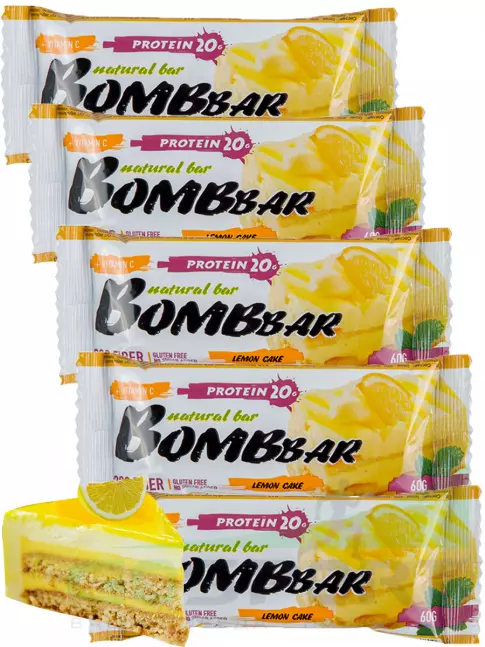 Протеиновый батончик BombBar Protein Bar 5 x 60 г, Лимонный торт Протеиновый батончик BombBar Protein Bar 5 x 60 г, Лимонный торт