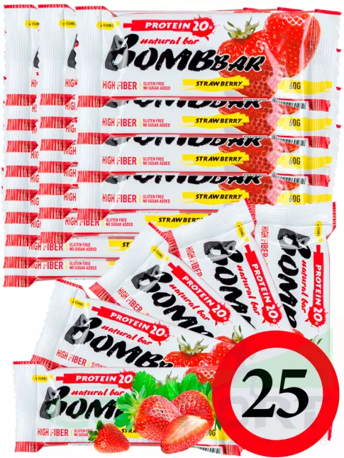 Протеиновый батончик BombBar Protein Bar 25 x 60 г, Клубника