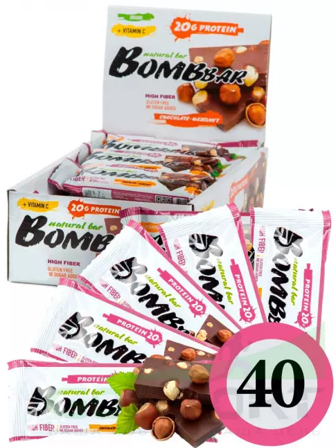 Протеиновый батончик BombBar Protein Bar 40 x 60 г, Шоколад - Фундук