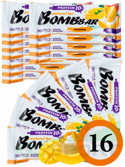 Протеиновый батончик BombBar Protein Bar 16 x 60 г, Пудинг с ароматом манго и банана Протеиновый батончик BombBar Protein Bar 16 x 60 г, Пудинг с ароматом манго и банана