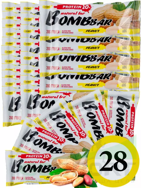 Протеиновый батончик BombBar Protein Bar 28 x 60 г, Арахис