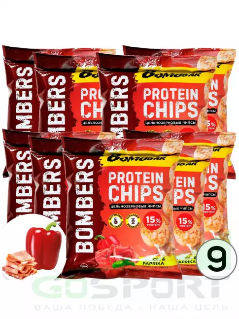 Чипсы BombBar Protein Chips 9 x 50 г, Бекон с паприкой