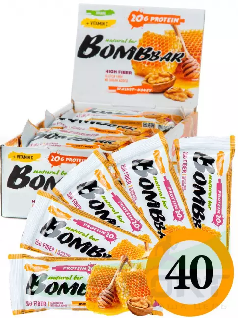 Протеиновый батончик BombBar Protein Bar 40 x 60 г, Грецкий орех с медом Протеиновый батончик BombBar Protein Bar 40 x 60 г, Грецкий орех с медом