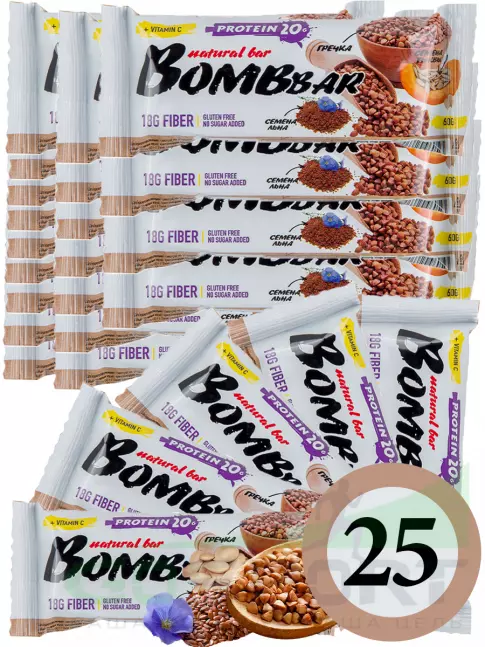 Протеиновый батончик BombBar Protein Bar 25 x 60 г, Гречишный