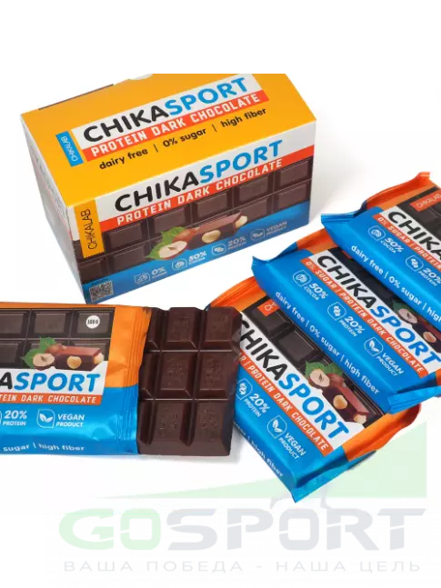 Протеиновый батончик Chikalab Тёмный шоколад без сахара CHIKASPORT 4 x 100 г, Темный шоколад с фундуком Протеиновый батончик Chikalab Тёмный шоколад без сахара CHIKASPORT 4 x 100 г, Темный шоколад с фундуком