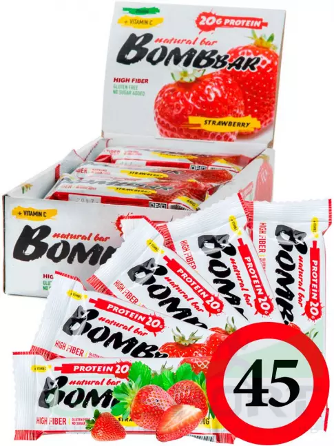 Протеиновый батончик BombBar Protein Bar 45 x 60 г, Клубника Протеиновый батончик BombBar Protein Bar 45 x 60 г, Клубника