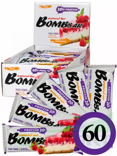 Протеиновый батончик BombBar Protein Bar 60 x 60 г, Малиновый чизкейк