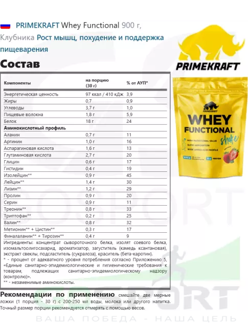 Комплексный протеин PRIMEKRAFT Whey Functional 900 г, Клубника