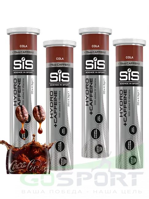 Изотоник SCIENCE IN SPORT (SiS) GO Hydro Tablet 20s CAFFEINE 4 x 20 таблеток, Кола