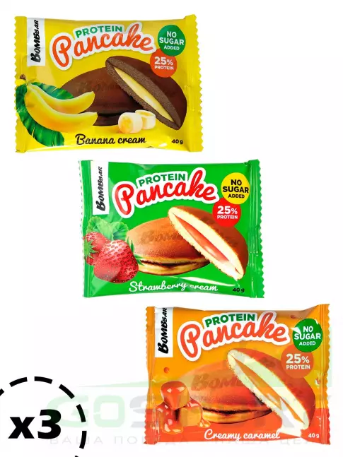 Протеиновый батончик BombBar Панкейк протеиновый 3 х 40 г, Шоколад, Банан, Карамель