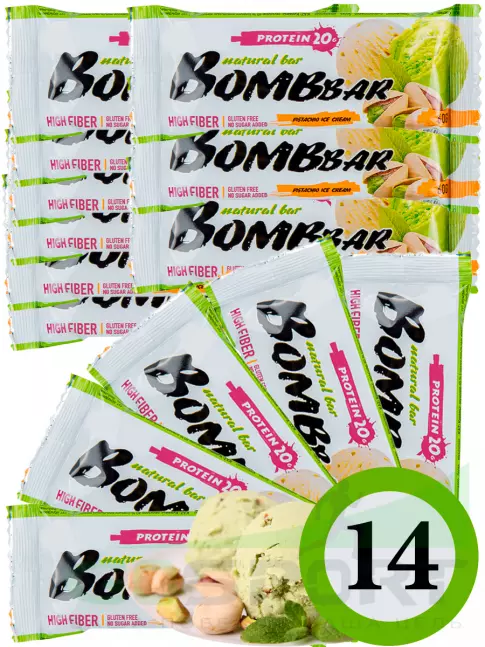 Протеиновый батончик BombBar Protein Bar 14 x 60 г, Фисташковый-Пломбир