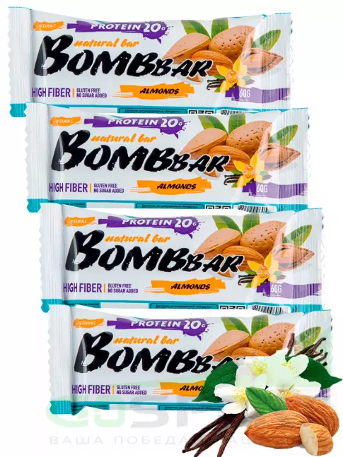 Протеиновый батончик BombBar Protein Bar 4 x 60 г, Миндаль-ваниль Протеиновый батончик BombBar Protein Bar 4 x 60 г, Миндаль-ваниль