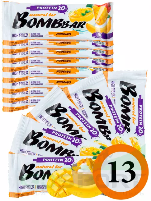 Протеиновый батончик BombBar Protein Bar 13 x 60 г, Пудинг с ароматом манго и банана